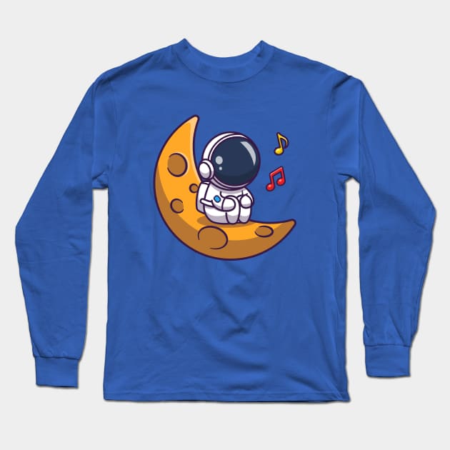 Cute Astronaut Listening Music On Moon Cartoon Long Sleeve T-Shirt by Catalyst Labs